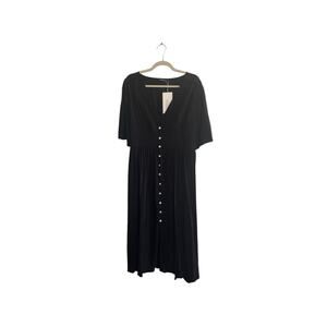 NWT Bloomchic Women 12 Midi Dress Short Sleeve Black Button Front Smocking #3917